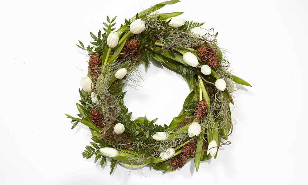 Valkoista tulppaania, käpyjä ja peikonpähkinän oksaa.